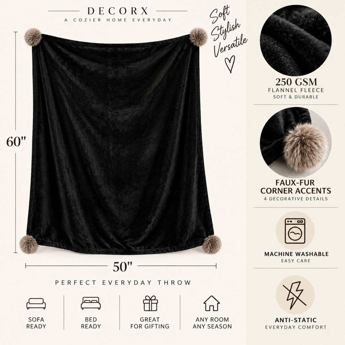 DecorX Black Flannel Fleece Throw Blanket – 50x60