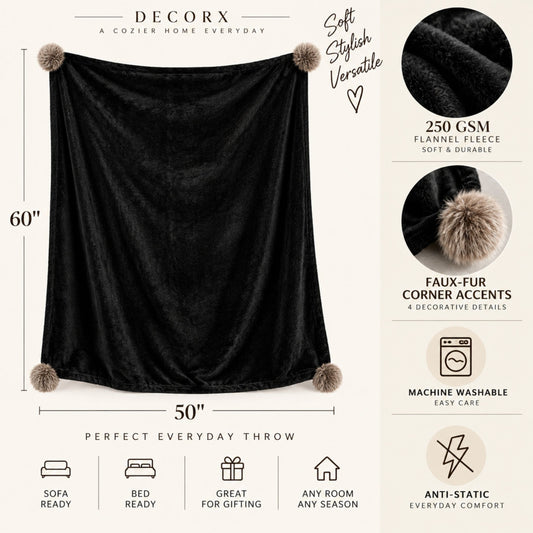 DecorX Black Flannel Fleece Throw Blanket – 50x60
