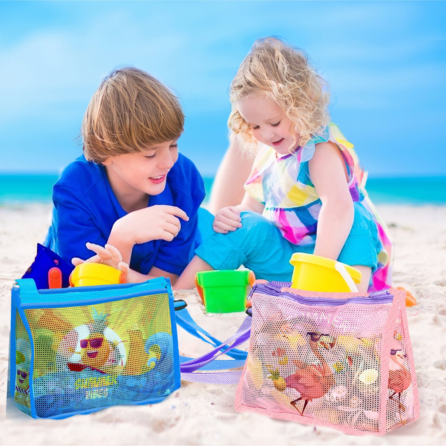 JoyX Kids' 2-Pack Mesh Beach Bags Storage for Toys & Beach Essentials