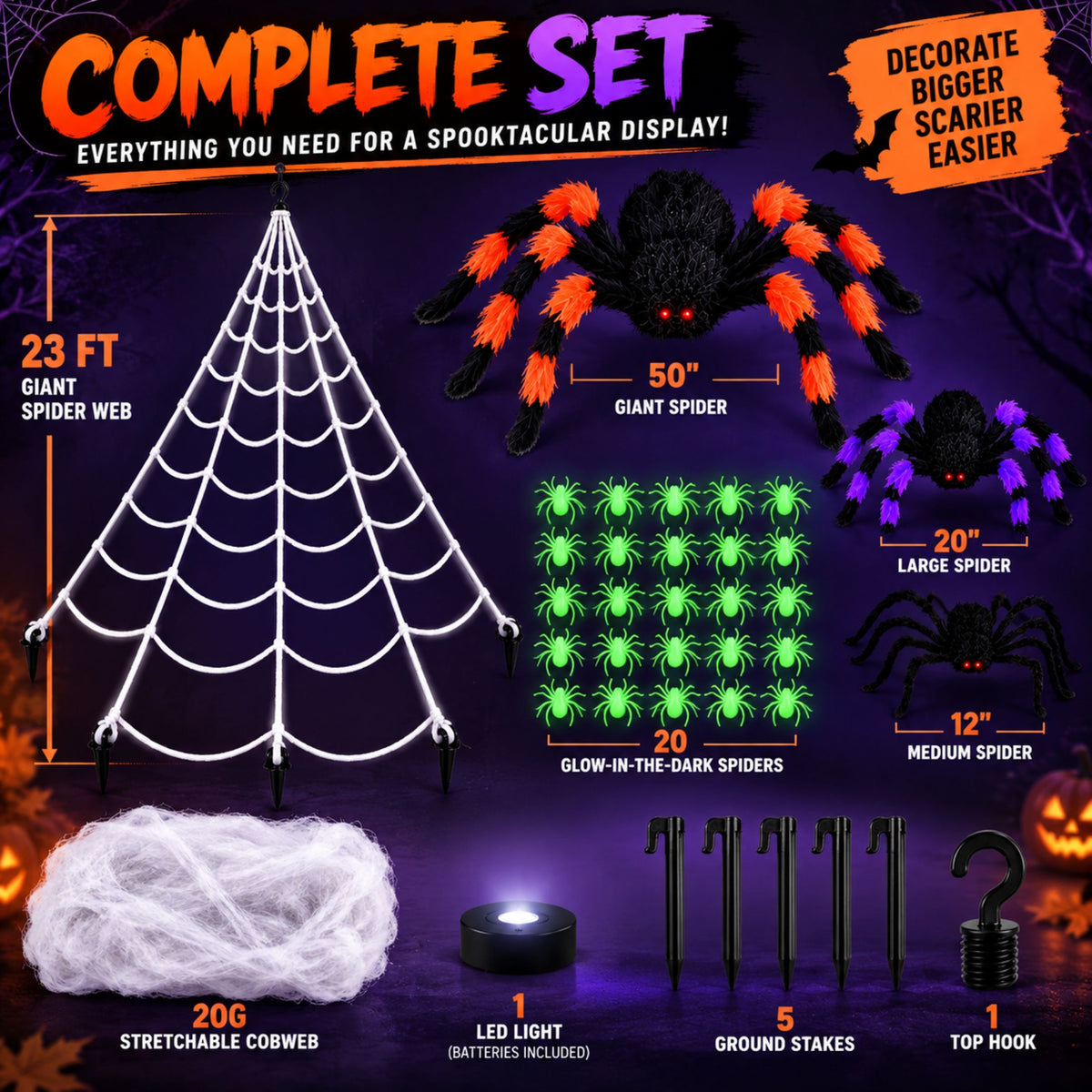 23 FT Giant Halloween Spider Web Set with Spiders | JoyX