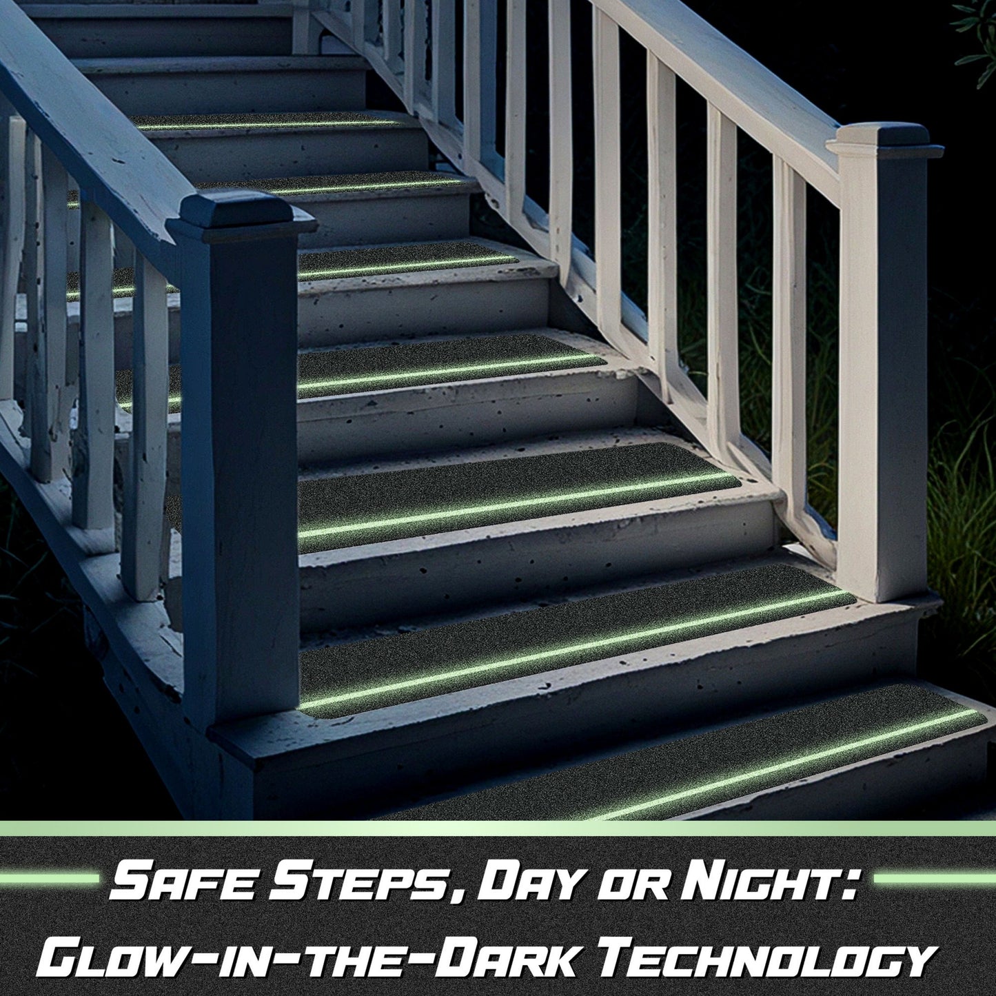 DecorX 12-Pack Glow-in-the-Dark Stair Treads with Roller | Pre-Cut 30” x 6” Waterproof Non-Slip Outdoor Tape | Safe Anti-Slip Traction for Stairs, Decks, and Walkways – Ideal for All Weather Conditions