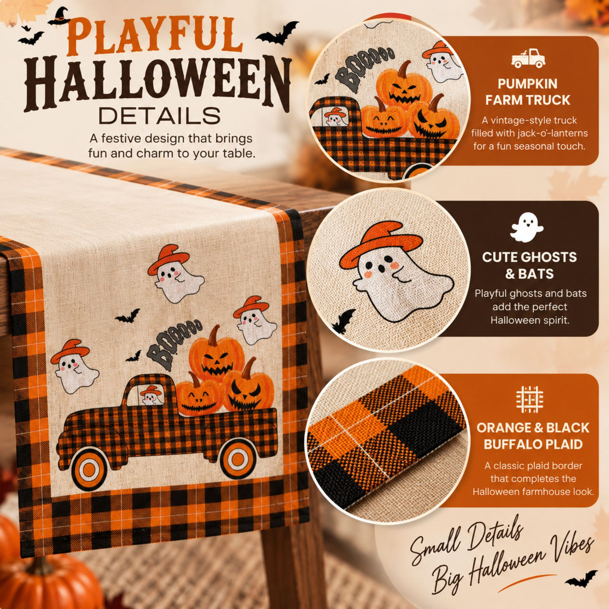 DecorX Halloween Table Runner 14x72 – Pumpkin Ghost Buffalo Plaid