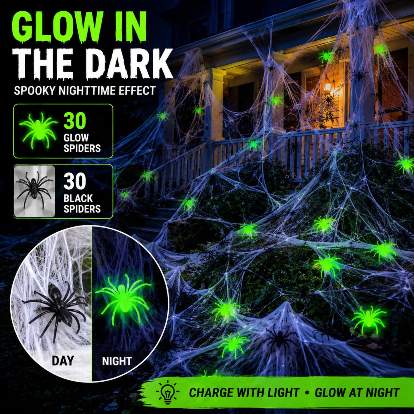 Halloween Spider Web Decorations, 1000 Sq Ft Stretch Cobweb, 60 Spiders, 30 Glow