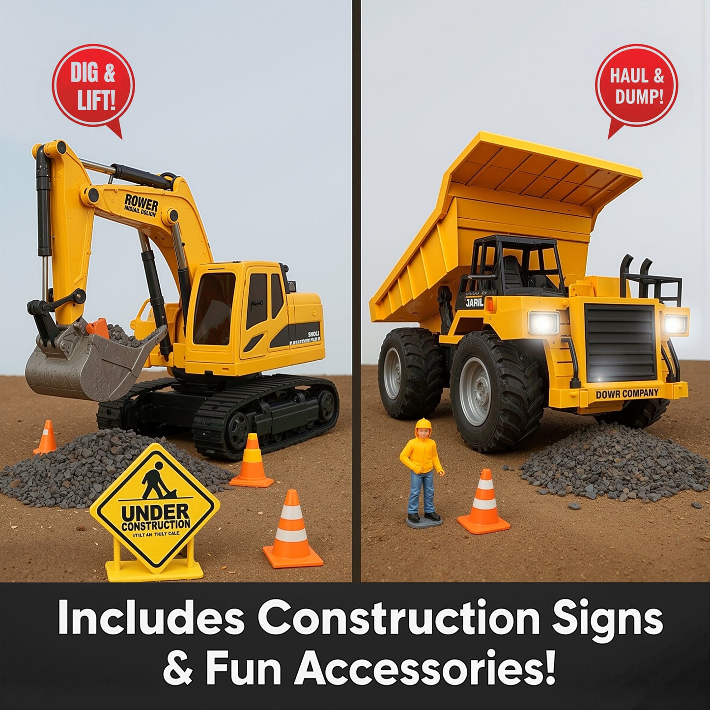 RC 2-in-1 Truck & Excavator Set – Rechargeable STEM Construction Toy with LED Lights & Glow-in-the-Dark Stones