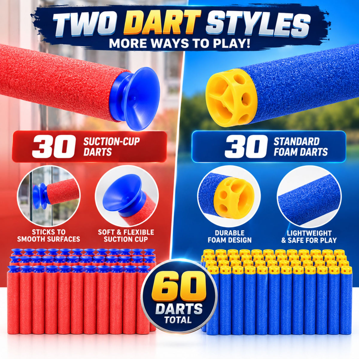 JoyX 2-Player Foam Dart Blaster Set with 60 Darts & Wristbands