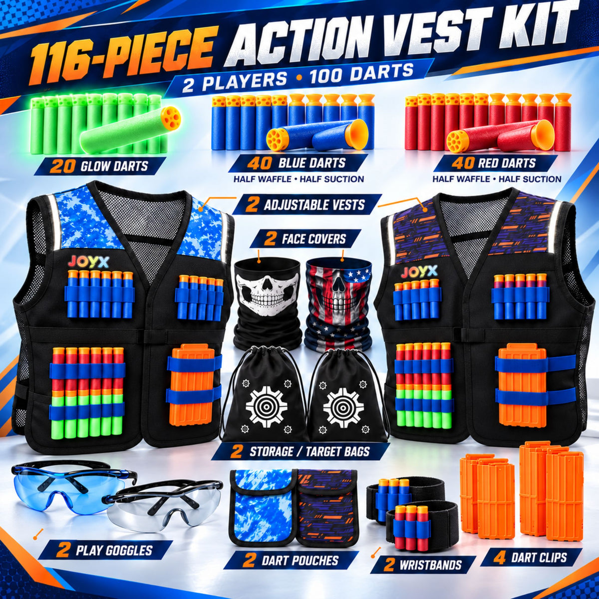 JoyX 2-Player Dart Reflective Tactical Vest Set with Glow-in-the-Dark Darts