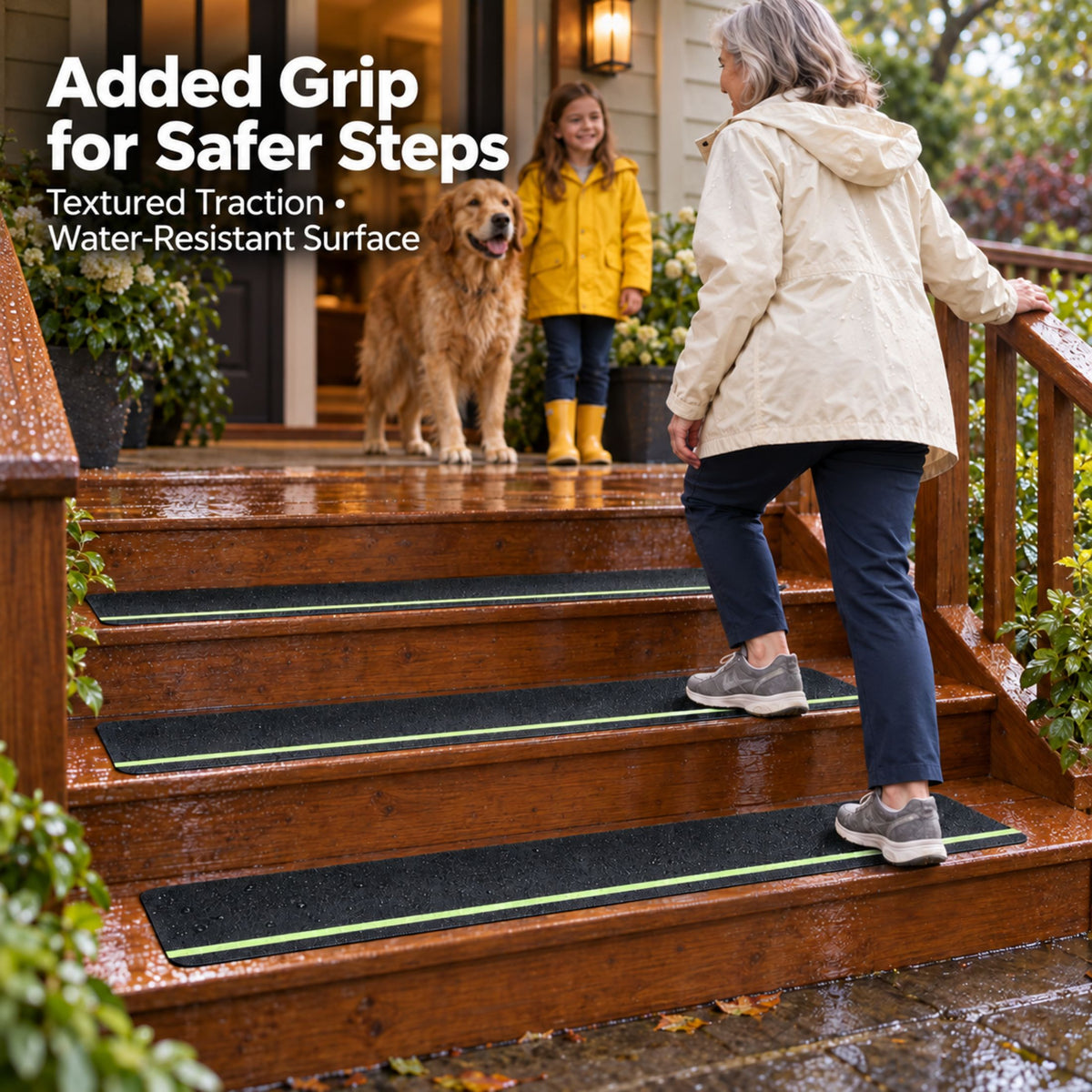 DecorX Black Non-Slip Stair Treads with Glow Stripe & Roller, 12-Pack