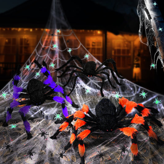 Giant Halloween Spider Web Decoration Set with LED Light | 3 Large Spooky Spiders & 20 Glow-in-the-Dark Spiders