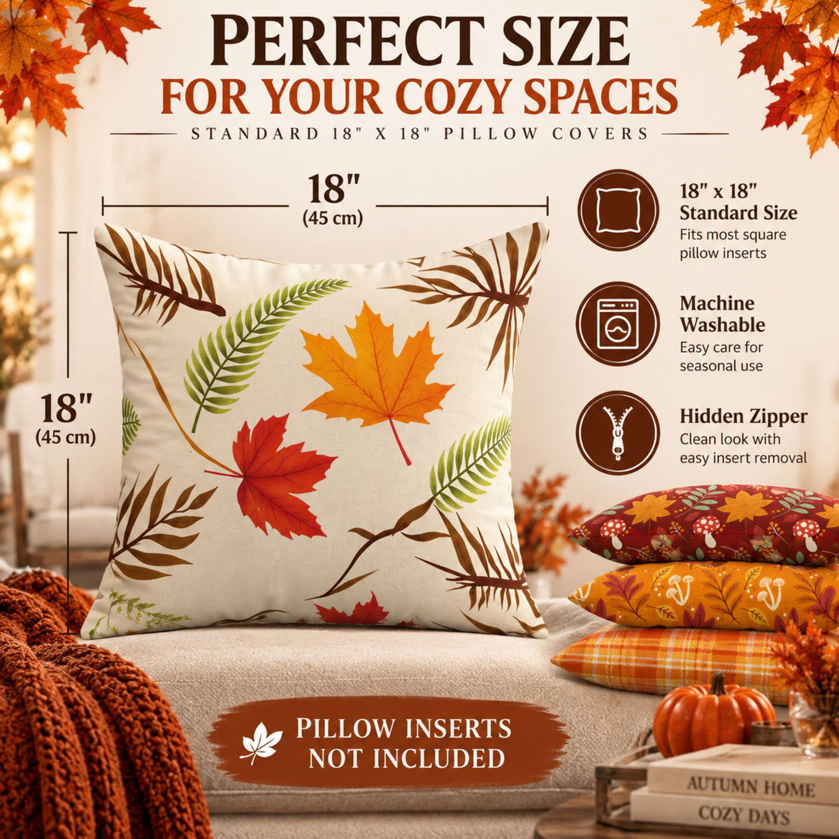 DecorX Fall Pillow Covers Set of 4 – 18x18 Maple Leaf & Plaid