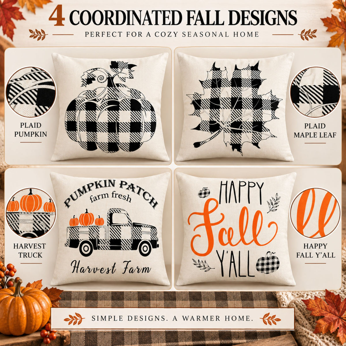 DecorX Fall Farmhouse Pillow Covers – Set of 4, 18x18