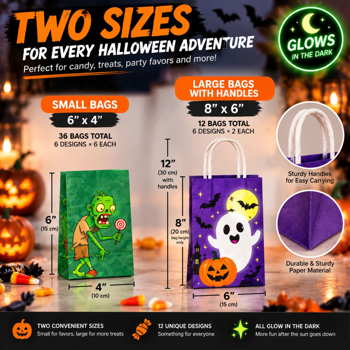 JoyX 48-Pack Glow in the Dark Halloween Treat Bags with 48 Stickers