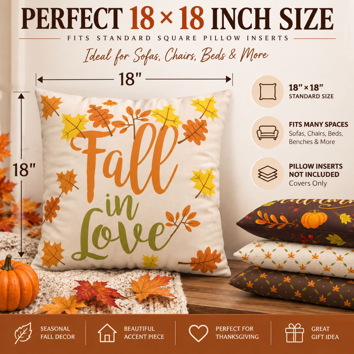 DecorX Fall Pillow Covers Set of 4 – 18x18 Autumn Decor