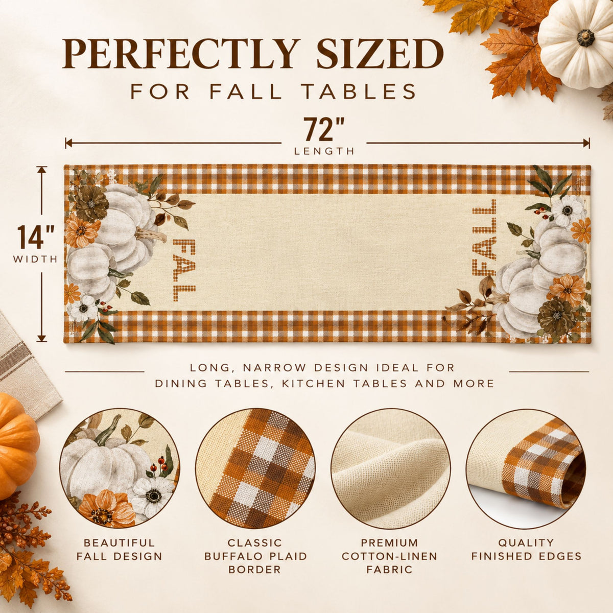 Fall Table Runner 14x72 | Pumpkin Thanksgiving Decor | DecorX