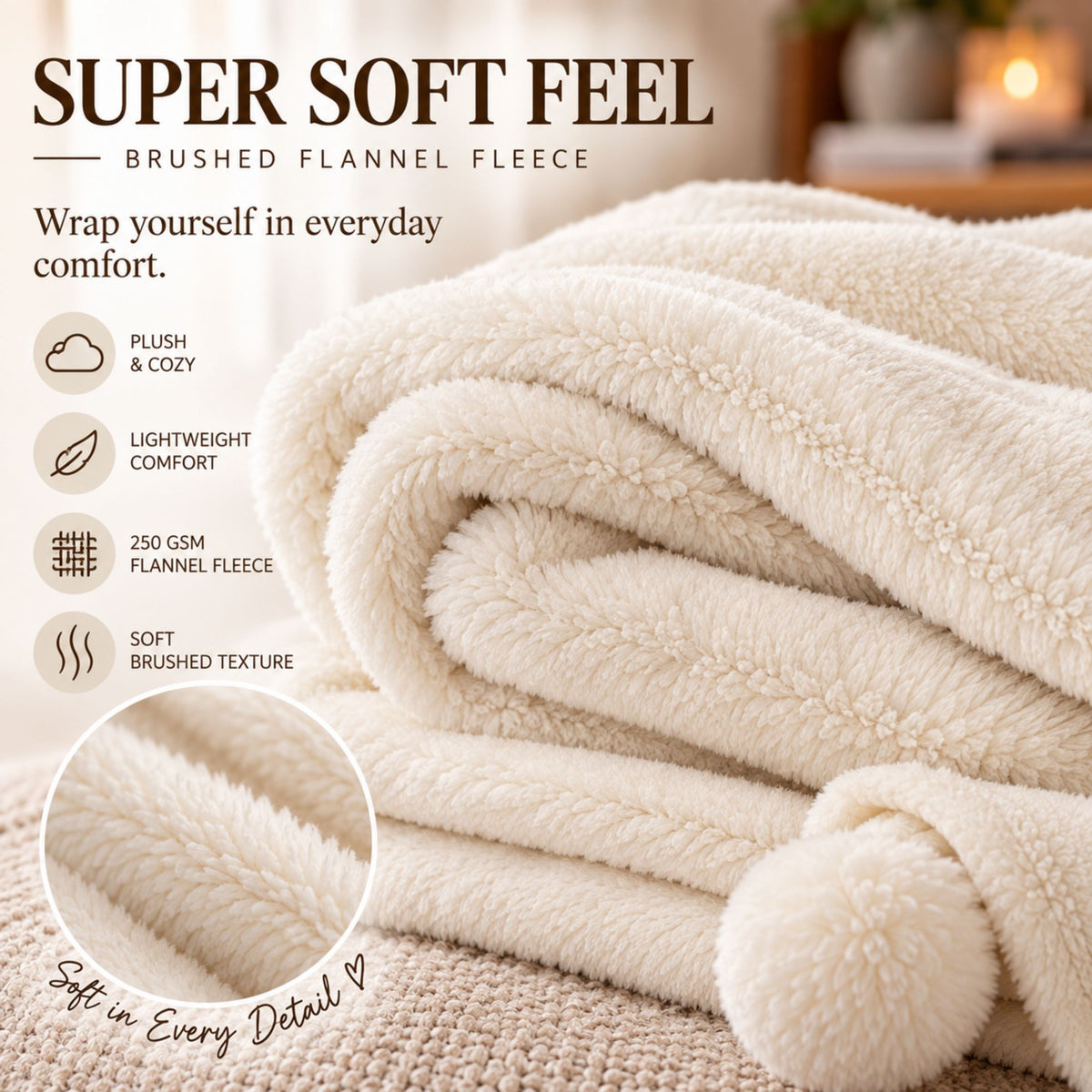 DecorX Ivory Flannel Fleece Throw Blanket – 50x60