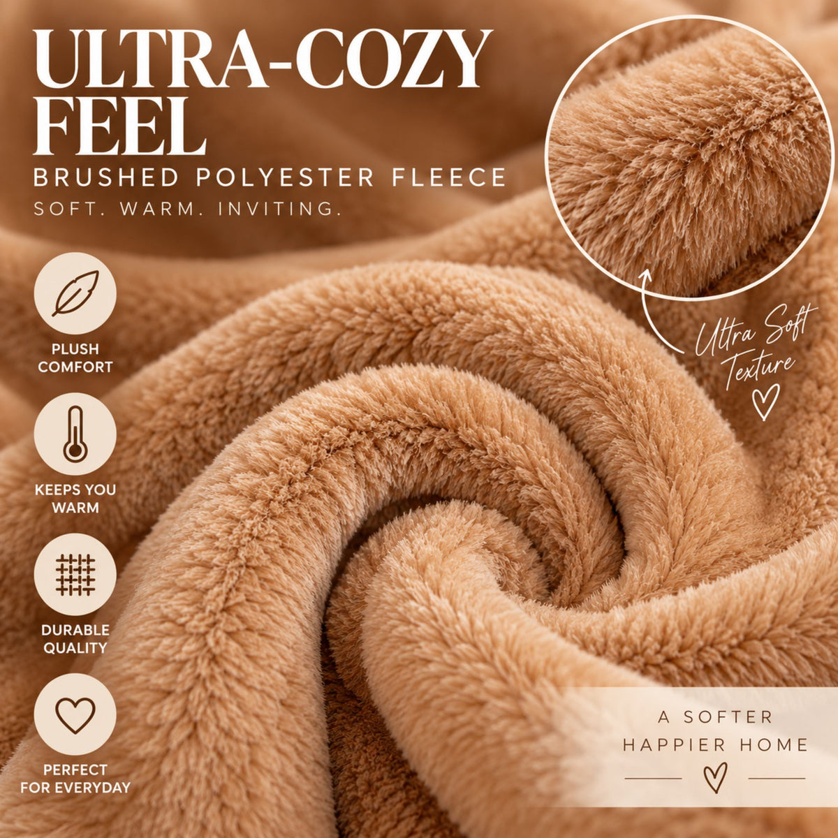 DecorX Dual-Sided Plush Throw Blanket – Camel, 50x60