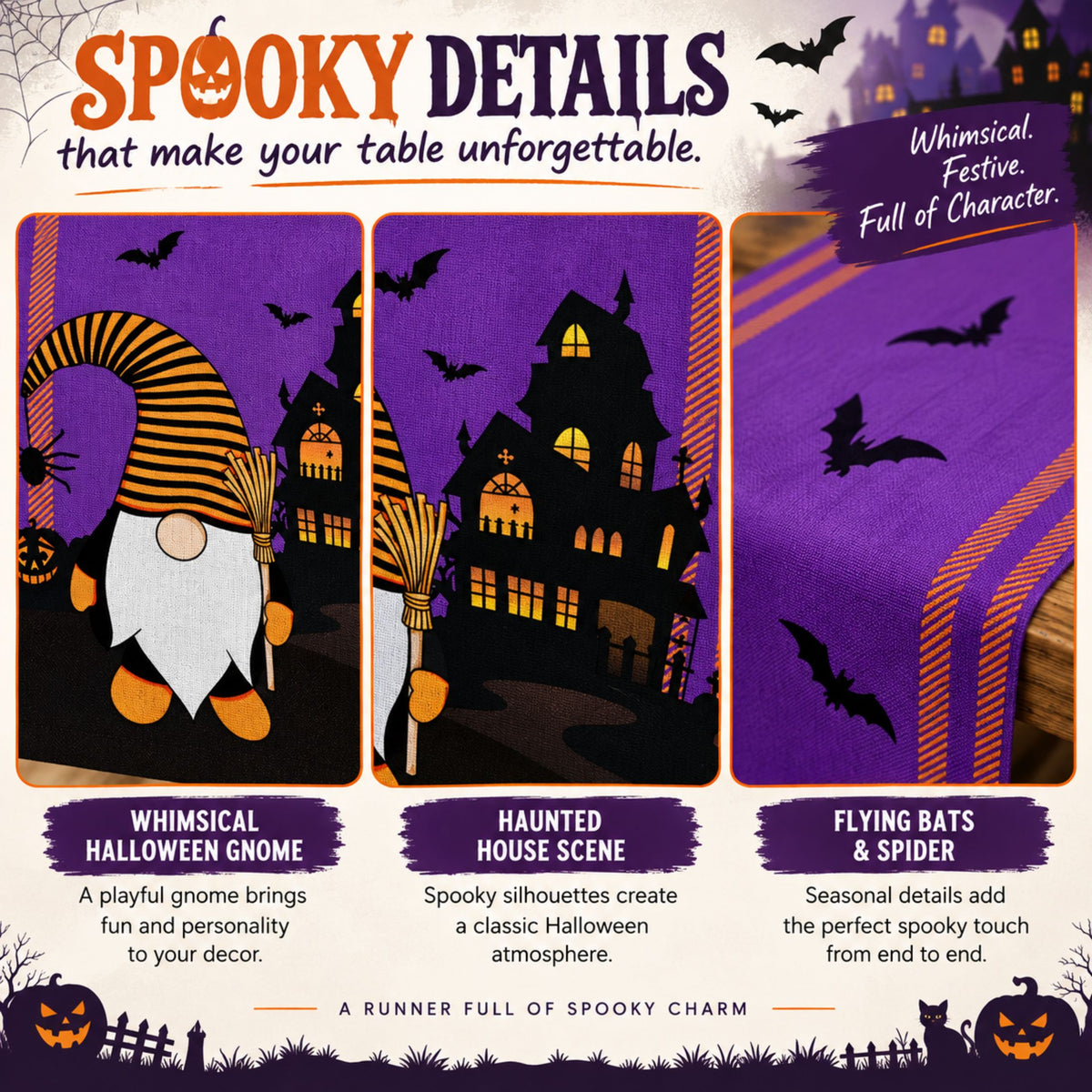DecorX Purple Halloween Table Runner 14x72 – Gnome Haunted House