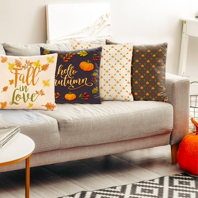 Cozy Fall Decor - DecorX Rustic Pillow Covers, Set of 4, 18x18, Autumn Leaf & Pumpkin Design