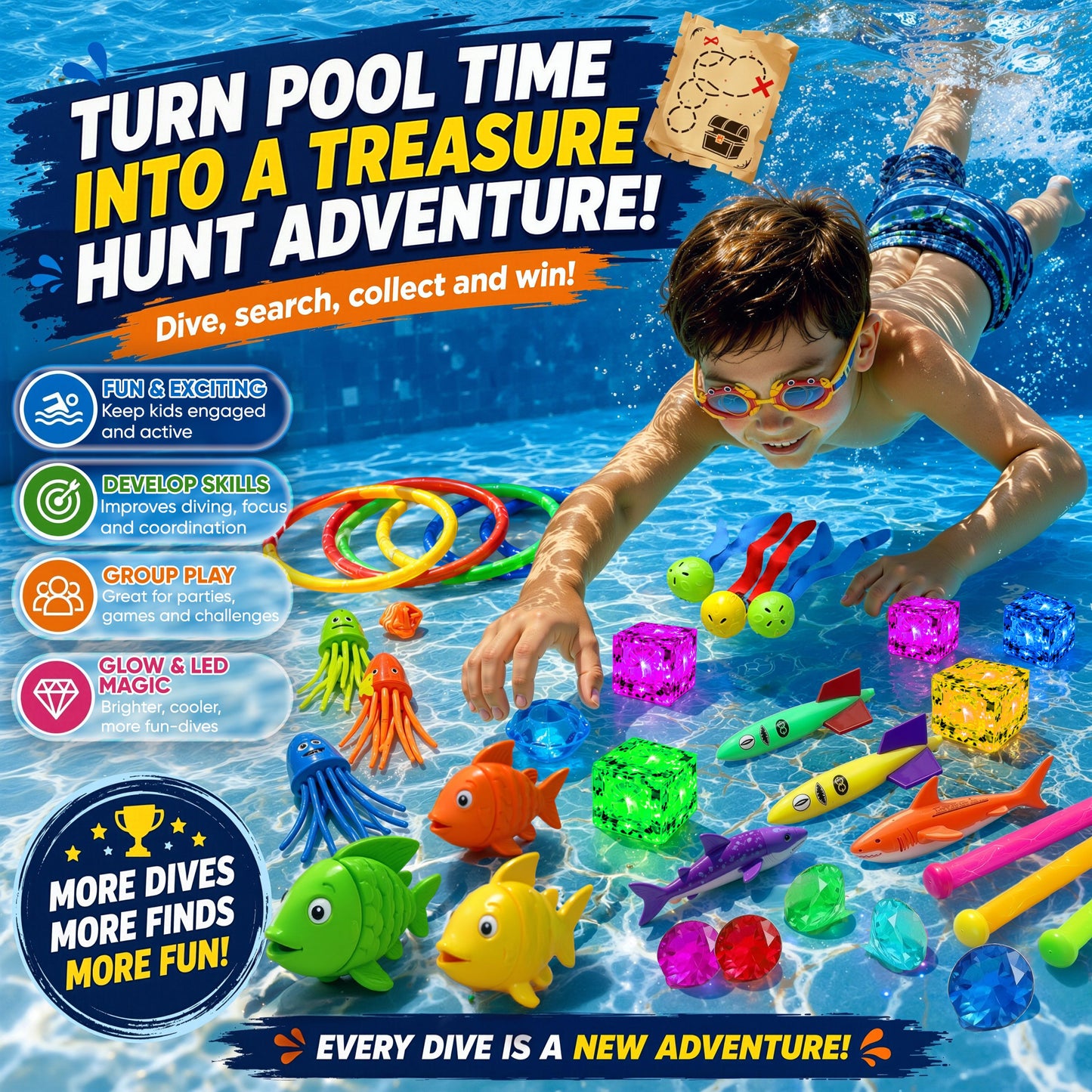 35-Piece Glow Pool Diving Toys Set with LED Cubes, Goggles & Bag