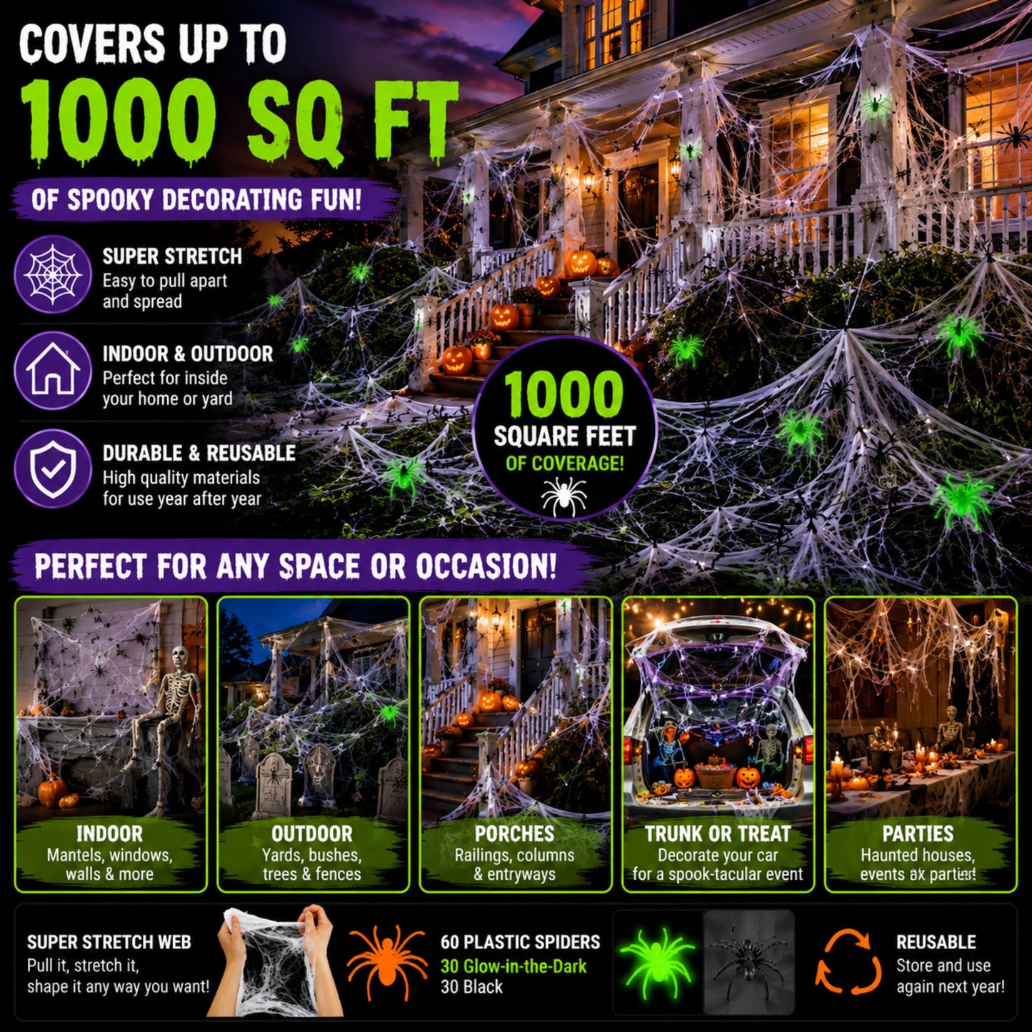 Halloween Spider Web Decorations, 1000 Sq Ft Stretch Cobweb, 60 Spiders, 30 Glow