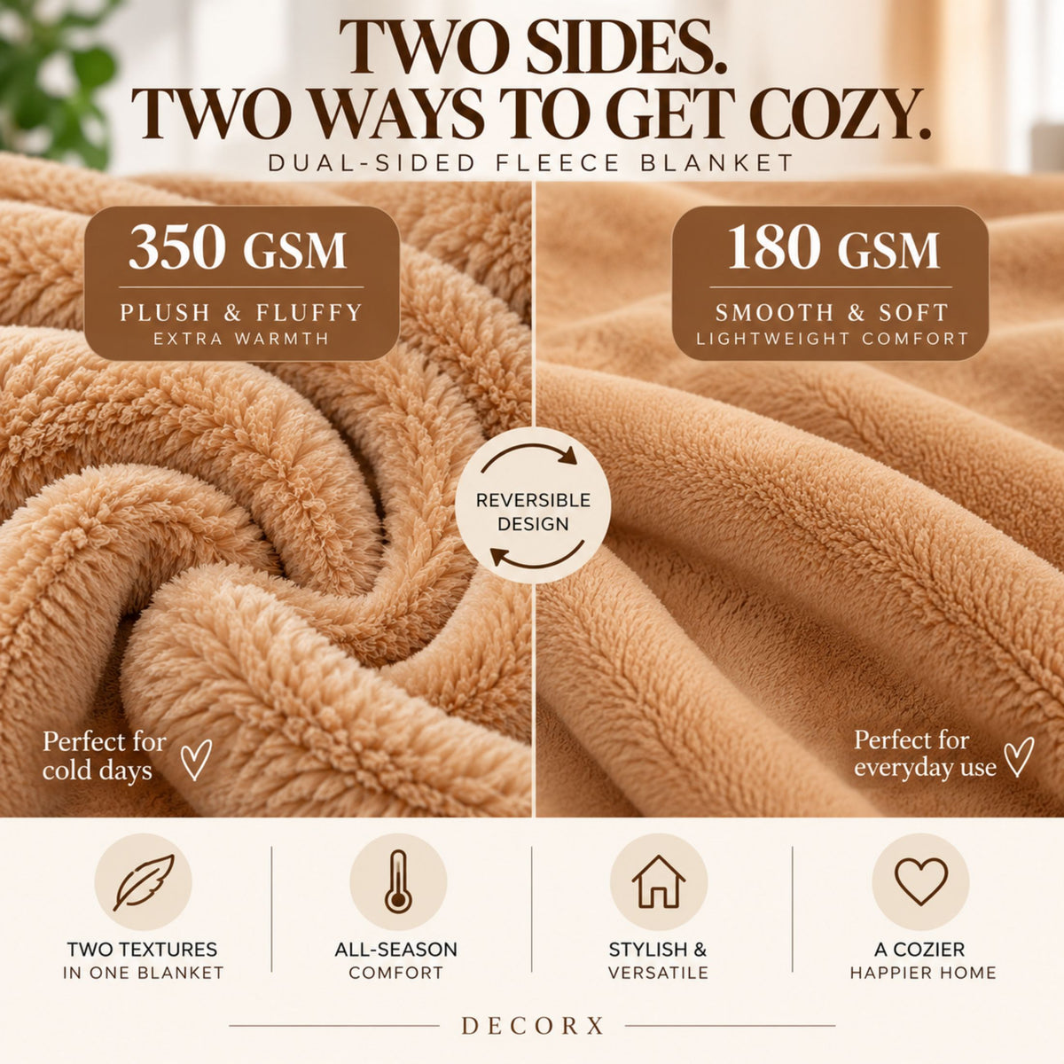 DecorX Dual-Sided Plush Throw Blanket – Camel, 50x60