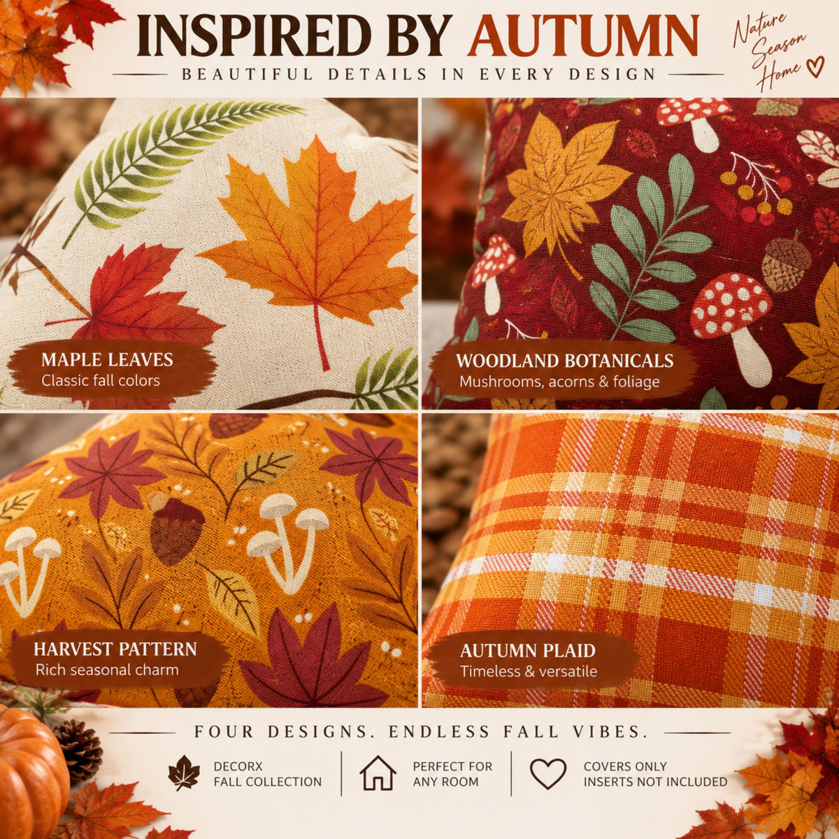 DecorX Fall Pillow Covers Set of 4 – 18x18 Maple Leaf & Plaid