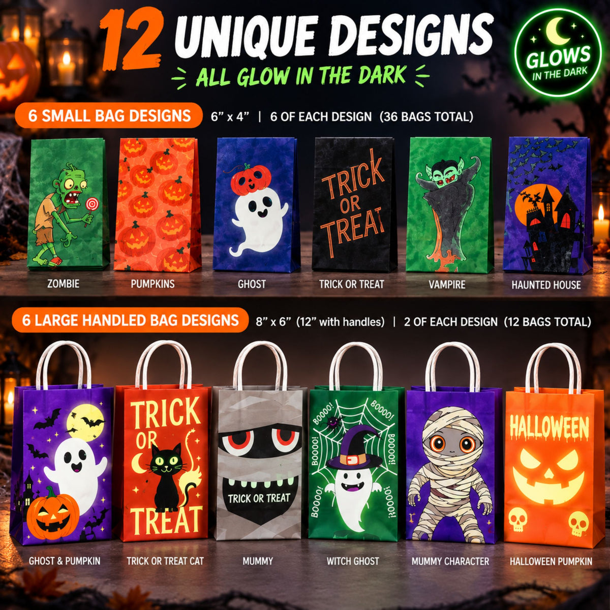 JoyX 48-Pack Glow in the Dark Halloween Treat Bags with 48 Stickers