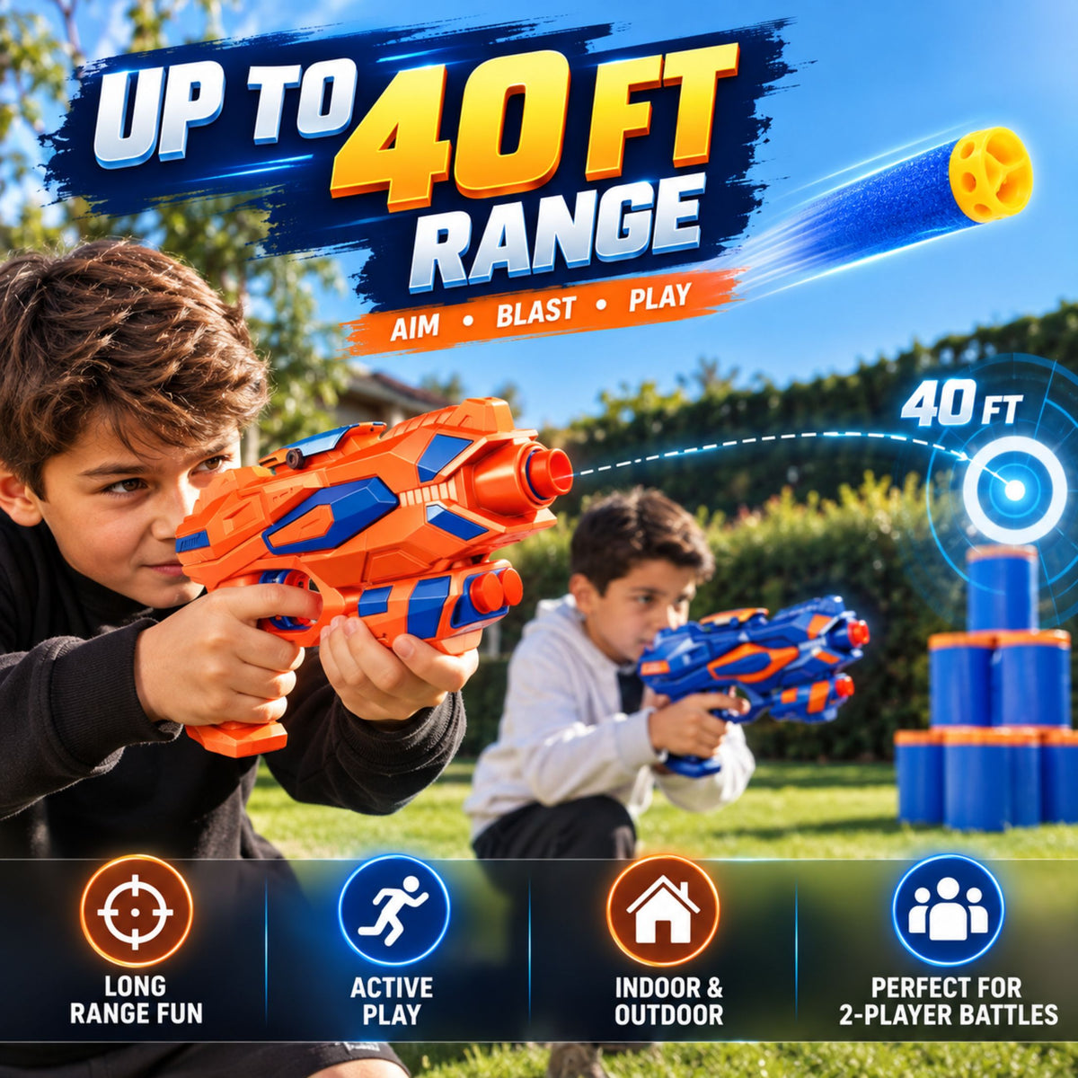 JoyX 2-Player Foam Dart Blaster Set with 60 Darts & Wristbands