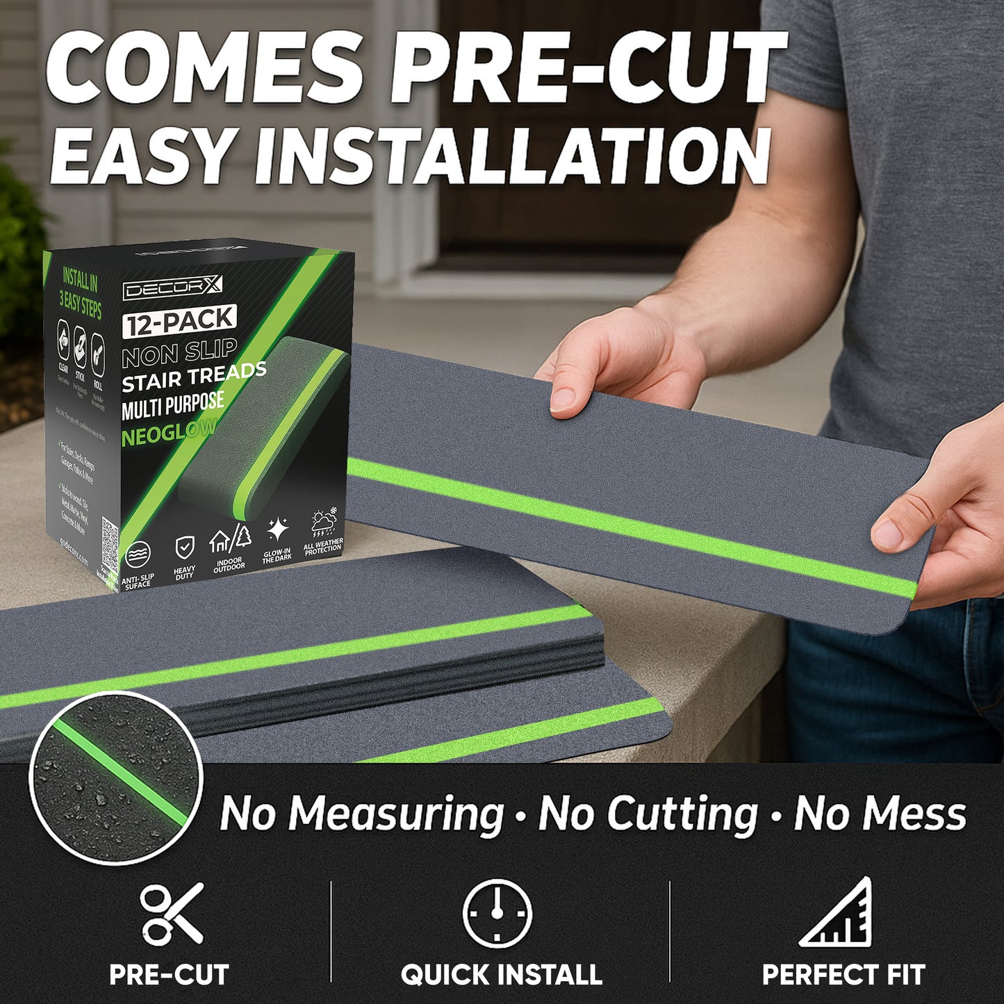 Glow in the Dark Non-Slip Stair Treads – 12 Pack, Heavy-Duty Anti-Slip Safety Strips for Indoor & Outdoor Stairs Gray