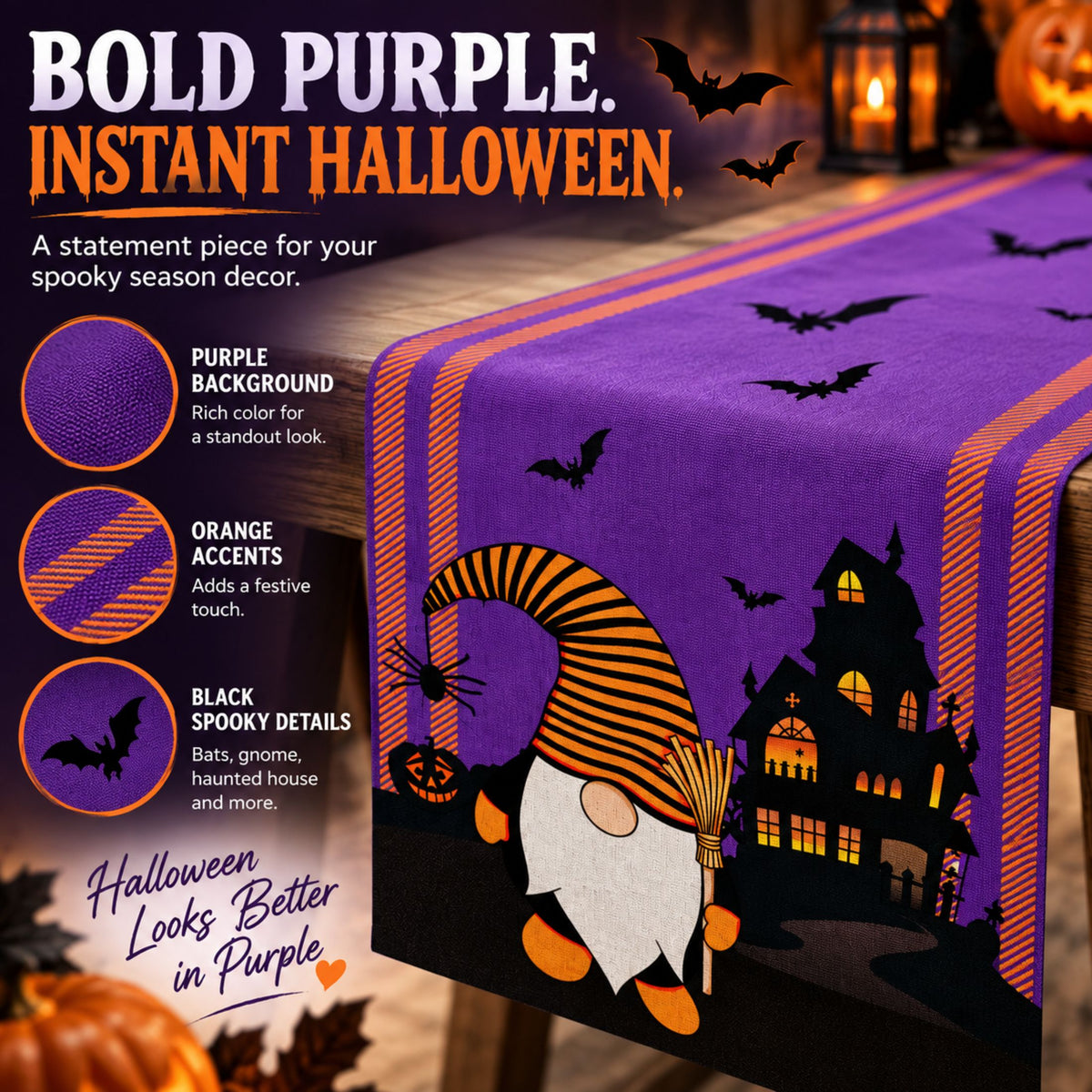 DecorX Purple Halloween Table Runner 14x72 – Gnome Haunted House