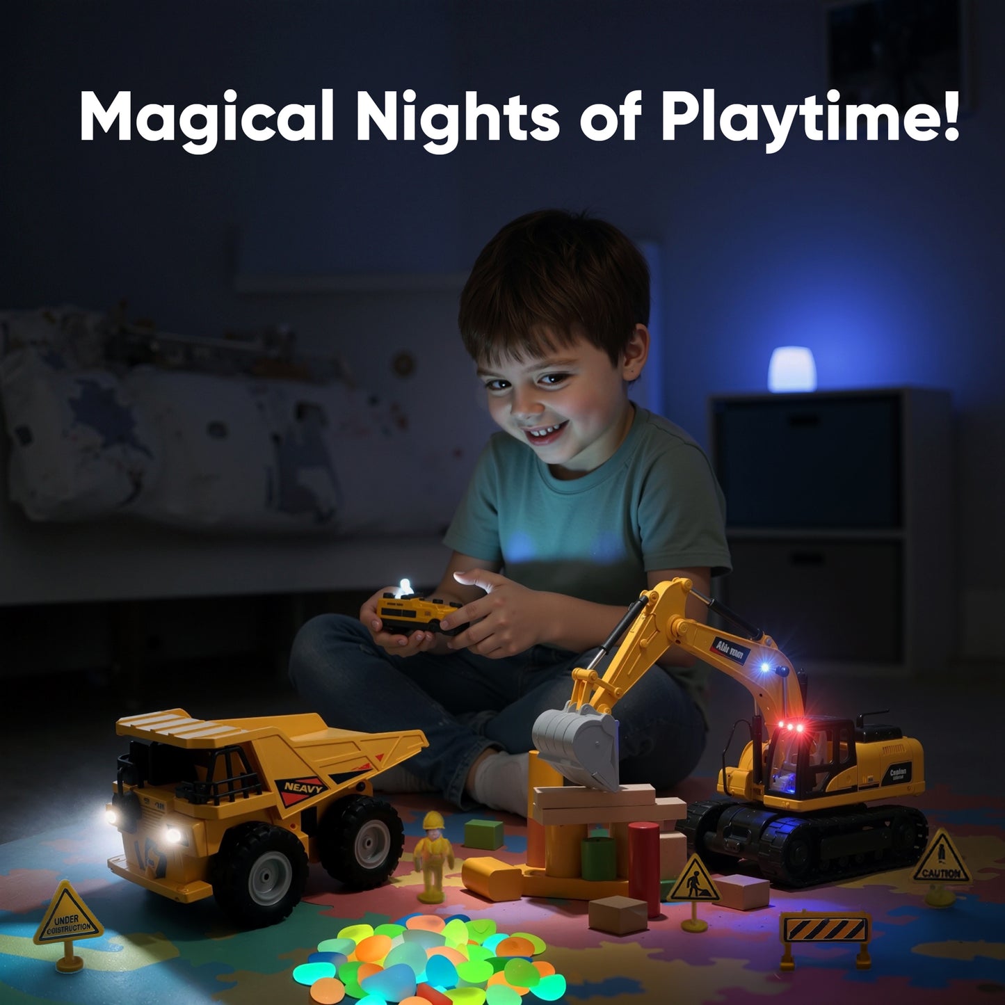 RC 2-in-1 Truck & Excavator Set – Rechargeable STEM Construction Toy with LED Lights & Glow-in-the-Dark Stones