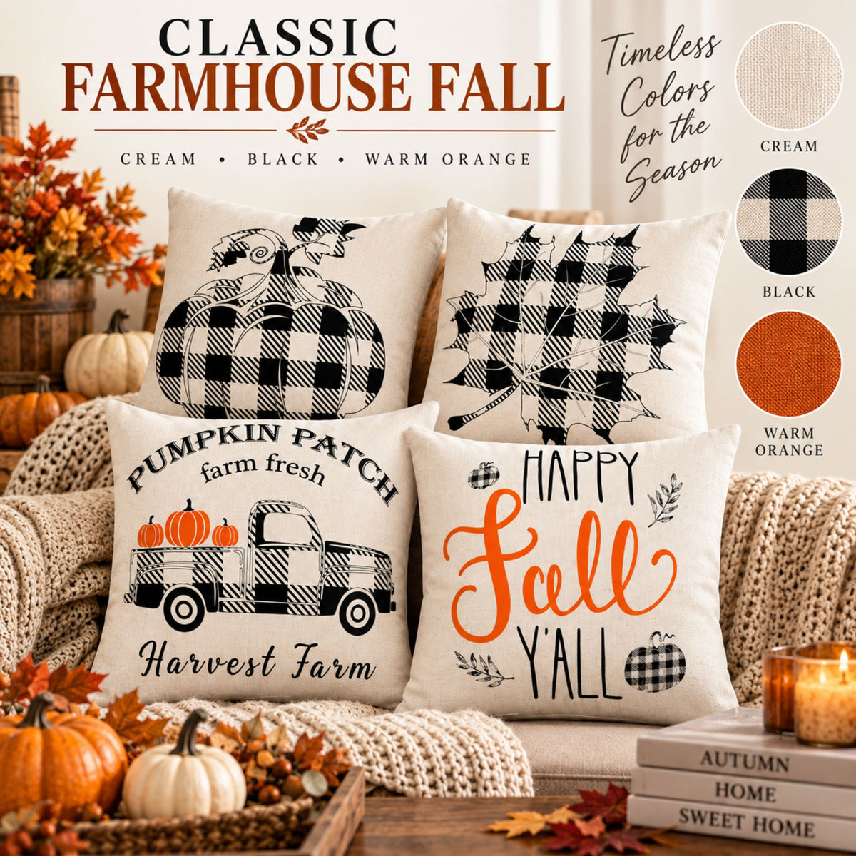 DecorX Fall Farmhouse Pillow Covers – Set of 4, 18x18