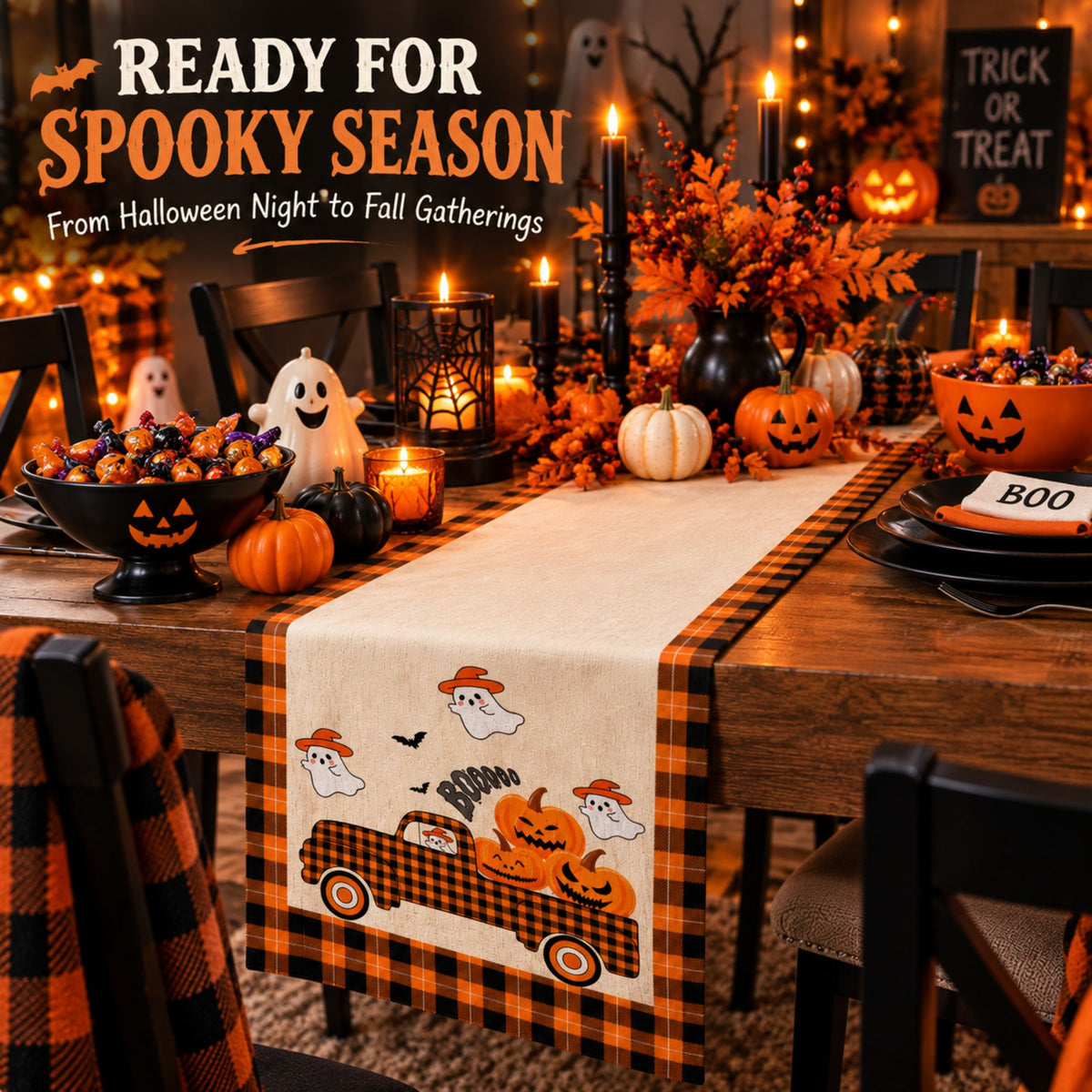 DecorX Halloween Table Runner 14x72 – Pumpkin Ghost Buffalo Plaid