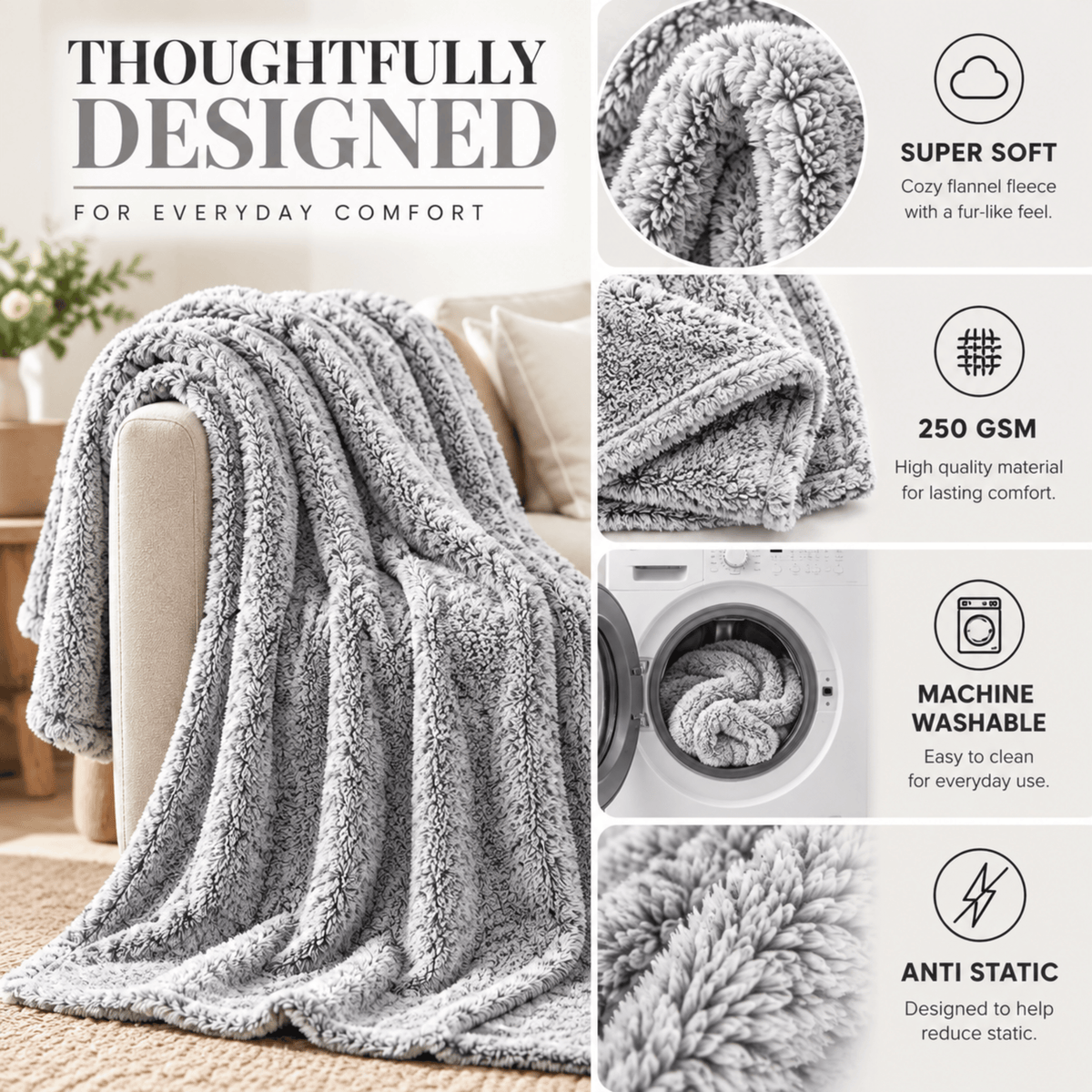 DecorX Gray Flannel Fleece Throw Blanket – 50 x 60 in