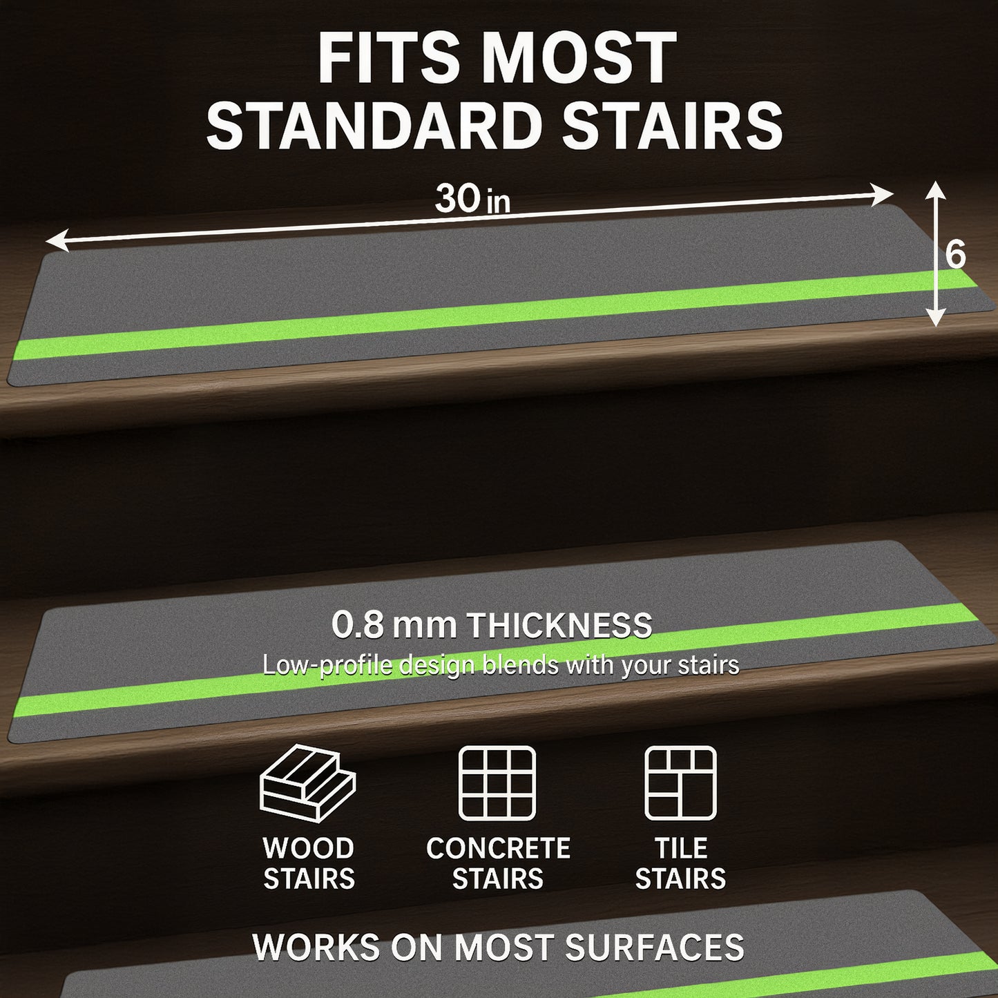 Glow in the Dark Non-Slip Stair Treads – 12 Pack, Heavy-Duty Anti-Slip Safety Strips for Indoor & Outdoor Stairs Gray