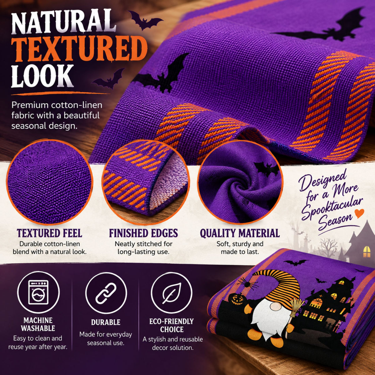 DecorX Purple Halloween Table Runner 14x72 – Gnome Haunted House