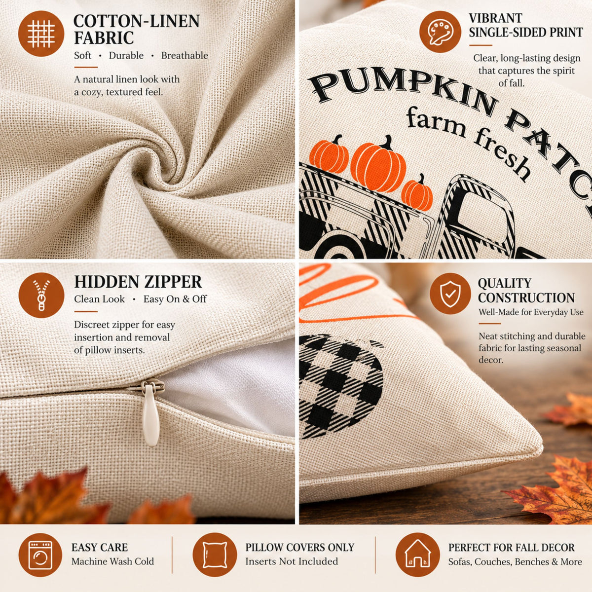 DecorX Fall Farmhouse Pillow Covers – Set of 4, 18x18