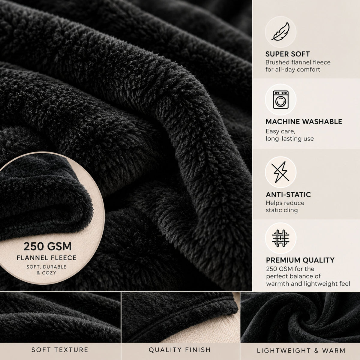 DecorX Black Flannel Fleece Throw Blanket – 50x60