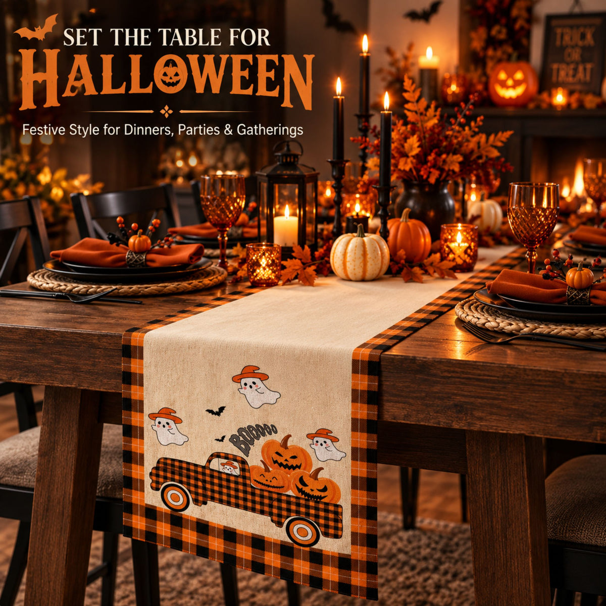 DecorX Halloween Table Runner 14x72 – Pumpkin Ghost Buffalo Plaid
