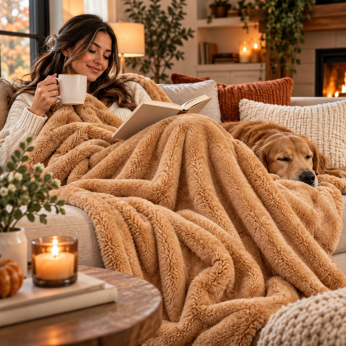 DecorX Dual-Sided Plush Throw Blanket – Camel, 50x60