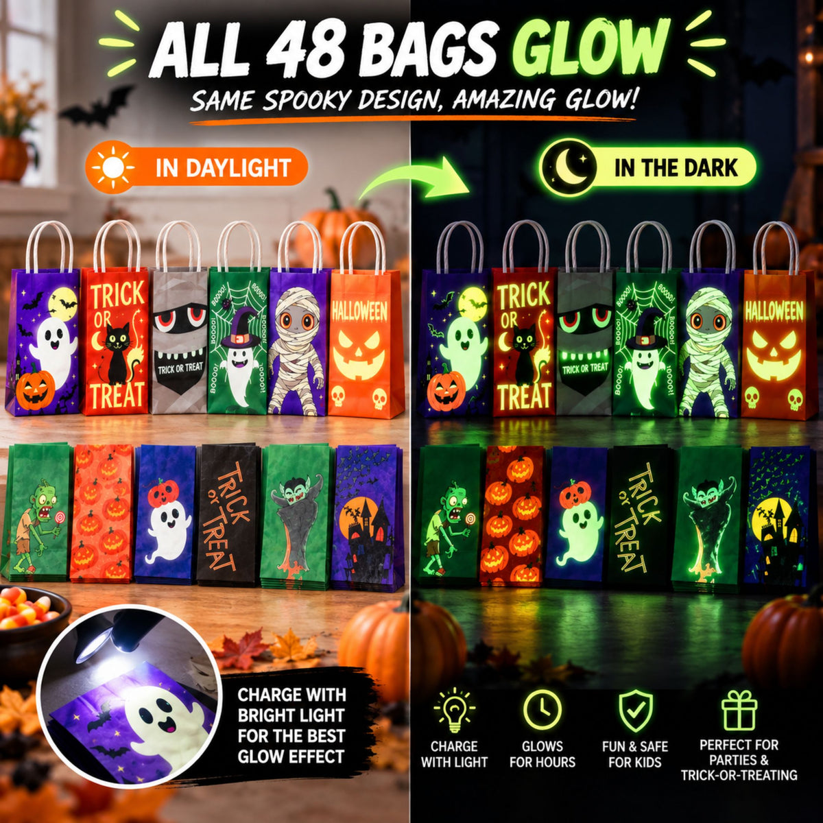 JoyX 48-Pack Glow in the Dark Halloween Treat Bags with 48 Stickers