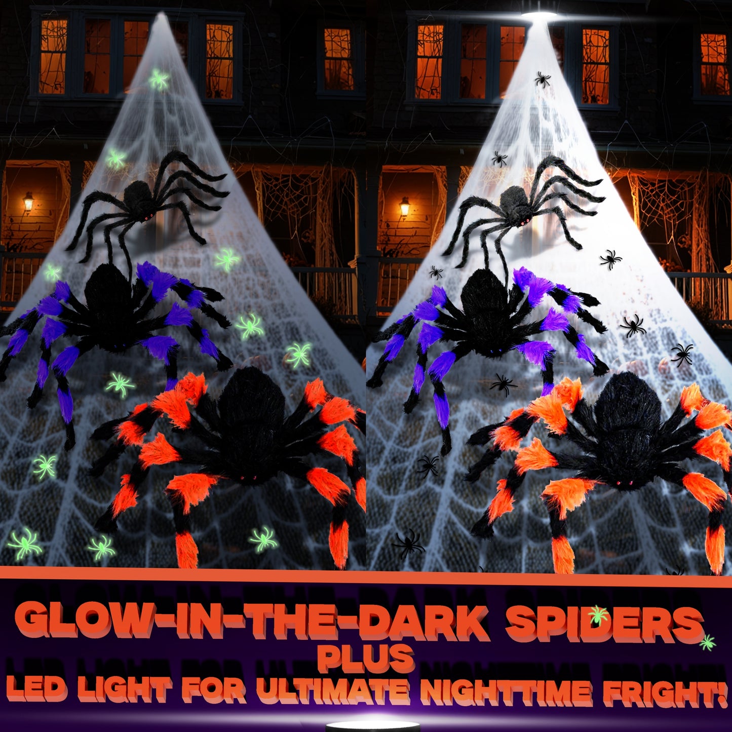 Giant Halloween Spider Web Decoration Set with LED Light | 3 Large Spooky Spiders & 20 Glow-in-the-Dark Spiders