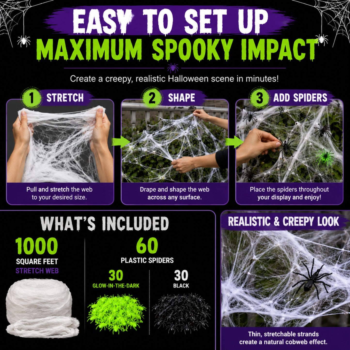 Halloween Spider Web Decorations, 1000 Sq Ft Stretch Cobweb, 60 Spiders, 30 Glow