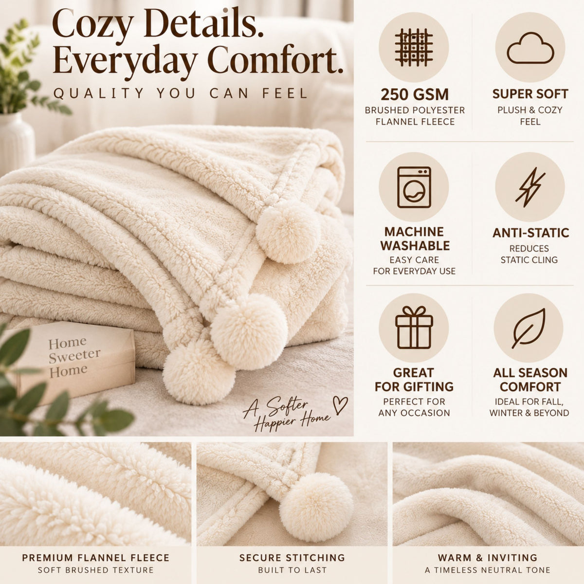 DecorX Ivory Flannel Fleece Throw Blanket – 50x60