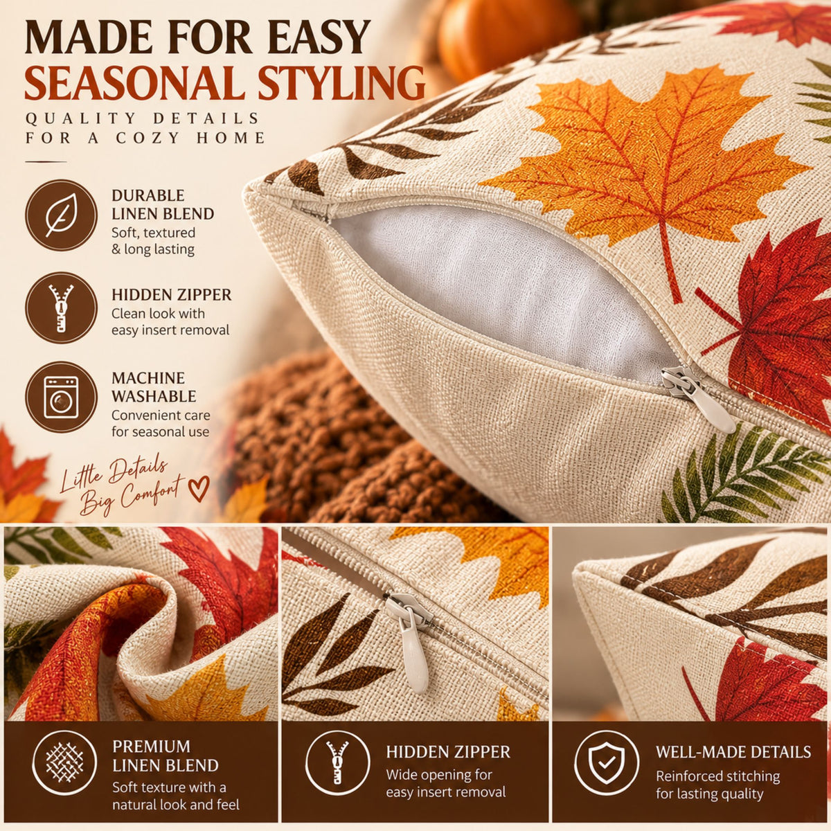 DecorX Fall Pillow Covers Set of 4 – 18x18 Maple Leaf & Plaid