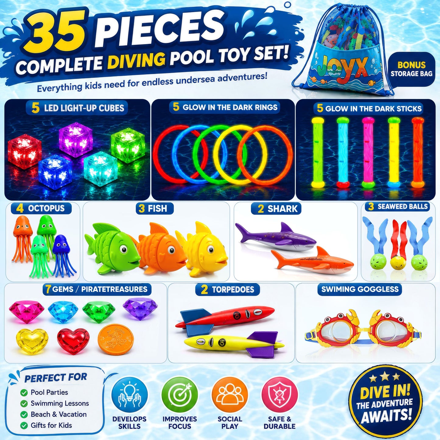 35-Piece Glow Pool Diving Toys Set with LED Cubes, Goggles & Bag