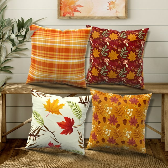 DecorX Rustic Linen Fall Pillow Covers 18x18" - Set of 4 Autumn Maple Leaf