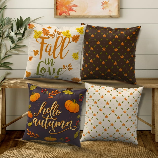Charming Autumnal Pillow Covers - DecorX 18x18, Set of 4, Showcasing Autumn Leaves & Pumpkins