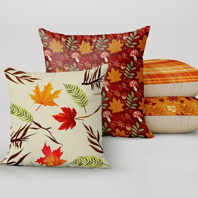 Throw Pillow Covers Autumn Floral Fall Decorative Pillow Covers 18x18 inch  Set of 4 Orange Watercolor Flowers Linen Pillow Case Cushion Cases Fall