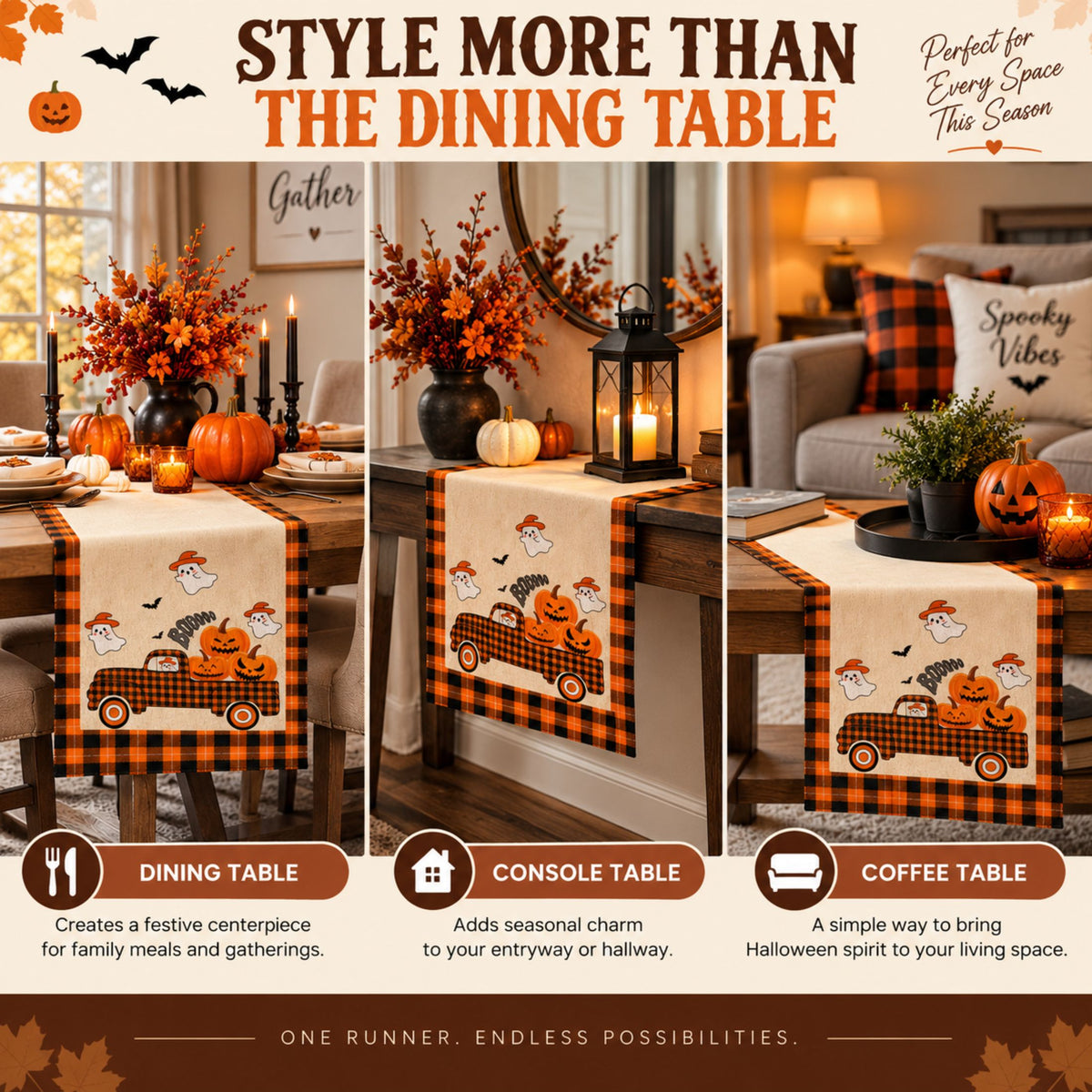 DecorX Halloween Table Runner 14x72 – Pumpkin Ghost Buffalo Plaid