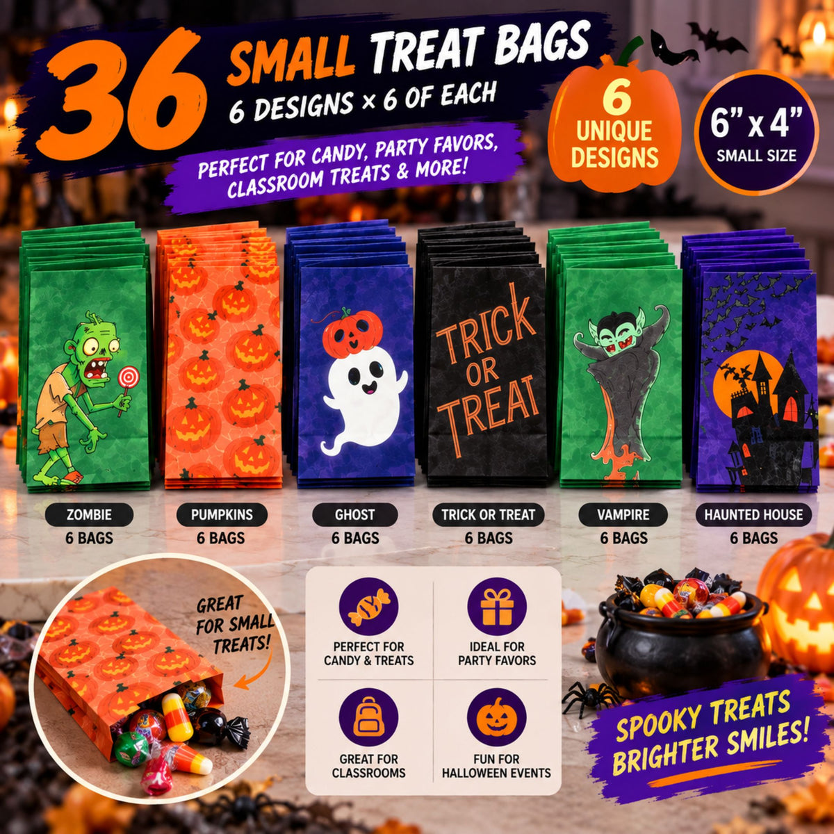 JoyX 48-Pack Glow in the Dark Halloween Treat Bags with 48 Stickers